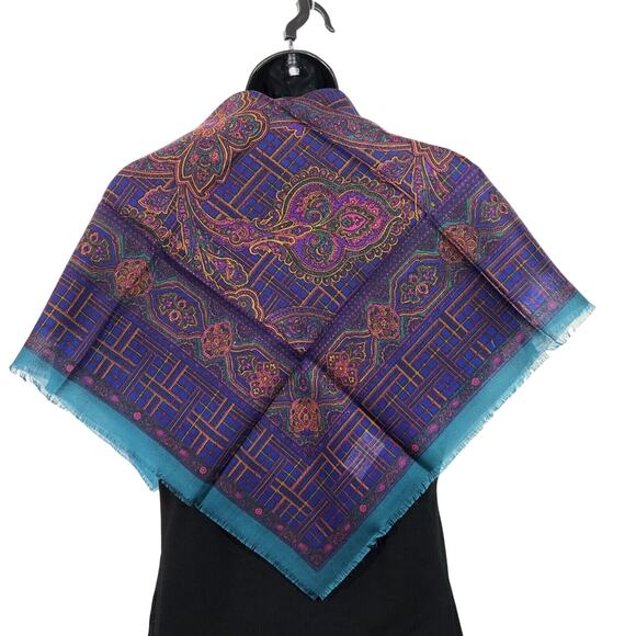 Vintage 30" Square Scarf Purple Plaid Green Paisley, Challis By Berkshire Japan - Picture 2 of 8